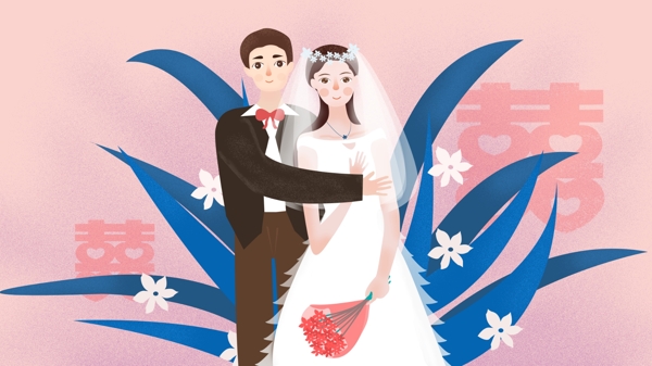 婚礼季结婚场景婚纱照原创插画设计