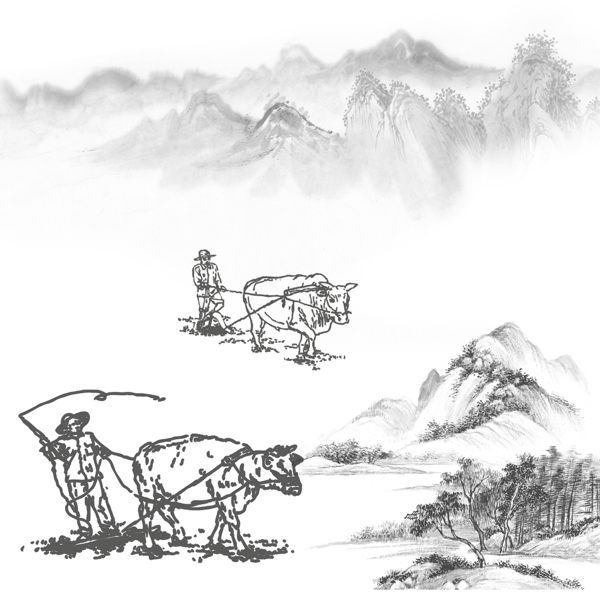 素描山水风景农民牛