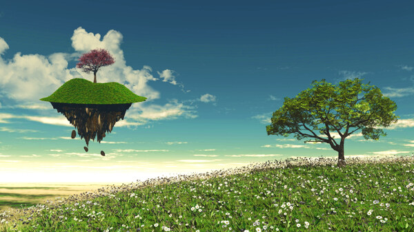 悬浮岛与树木草原风景图片