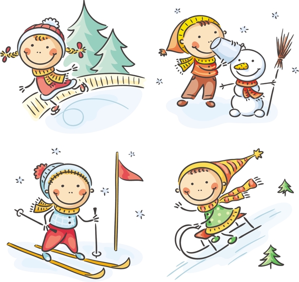 卡通滑雪儿童矢量素材下载