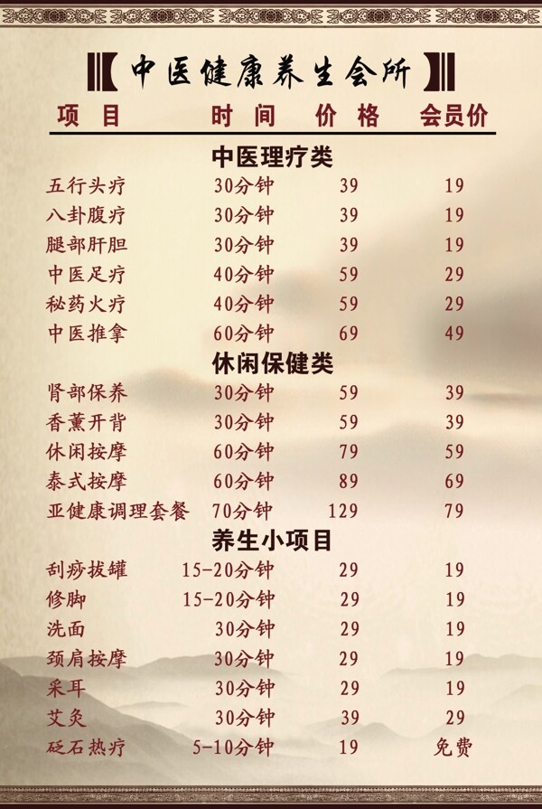 養(yǎng)生會所價格表圖片