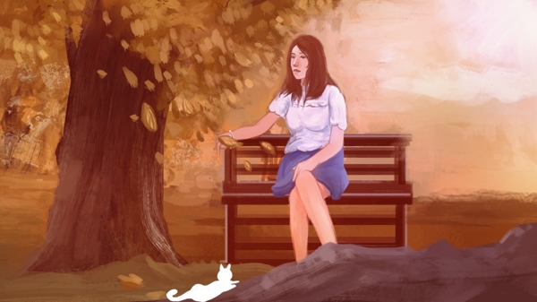 简约细腻写实公园长椅上的女孩插画