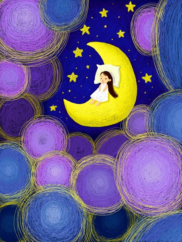 线圈星空下小女孩在月亮上熟睡