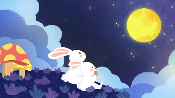 中秋节可爱卡通兔子赏月手绘插画