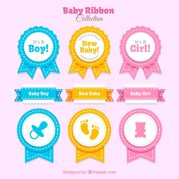 9款彩色婴儿丝带标签矢量素材