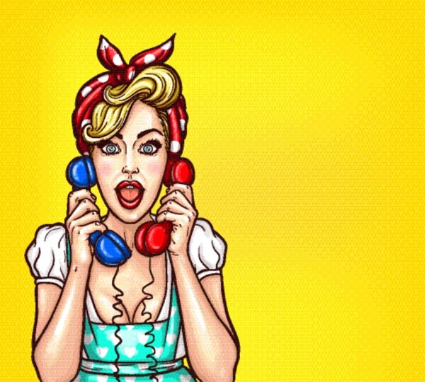 矢量流行艺术插图一个兴奋的金发碧眼的女人手里拿着两个电话听筒
