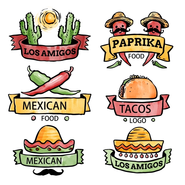 6款水彩绘墨西哥食物标签