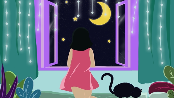 晚上看看星星月亮女孩灯光小猫睡觉