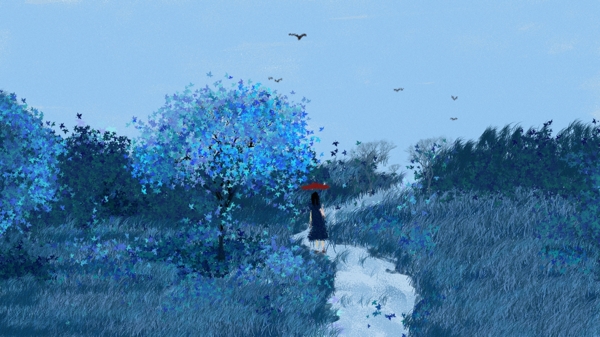 夏天早晨藍色系幽靜原創(chuàng)插畫