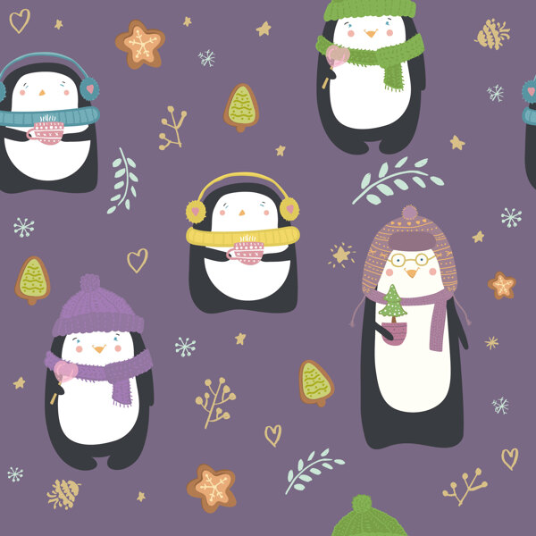 冬季浪漫紫色企鹅壁纸图案装饰设计