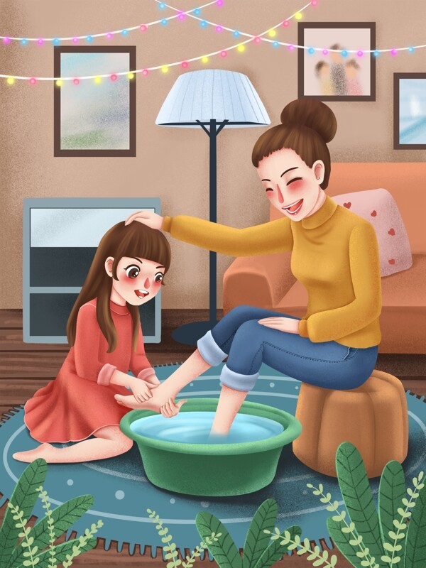 母亲节女儿为妈妈洗脚温馨插画