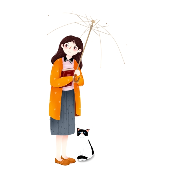 打伞的漂亮少女和猫png元素