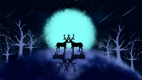 简约清新森林与鹿唯美月光下的剪影插画
