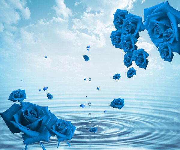 3D蓝色玫瑰水花背景墙