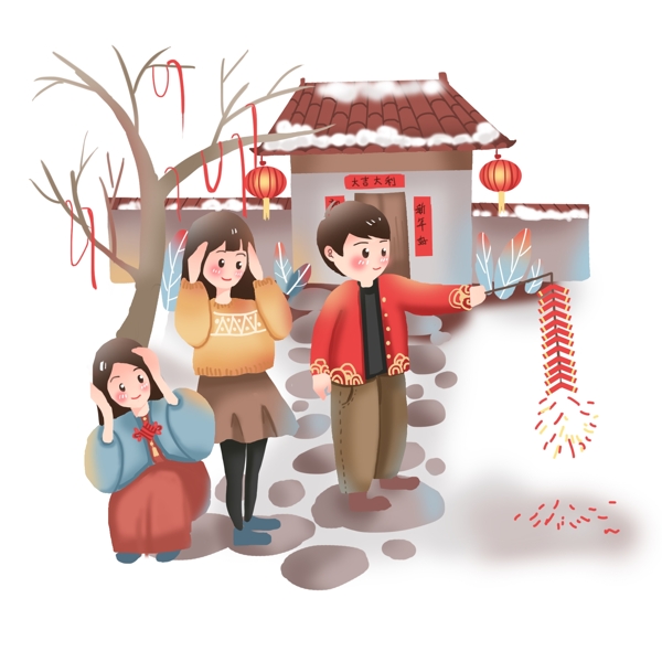 新年放鞭炮場景插畫