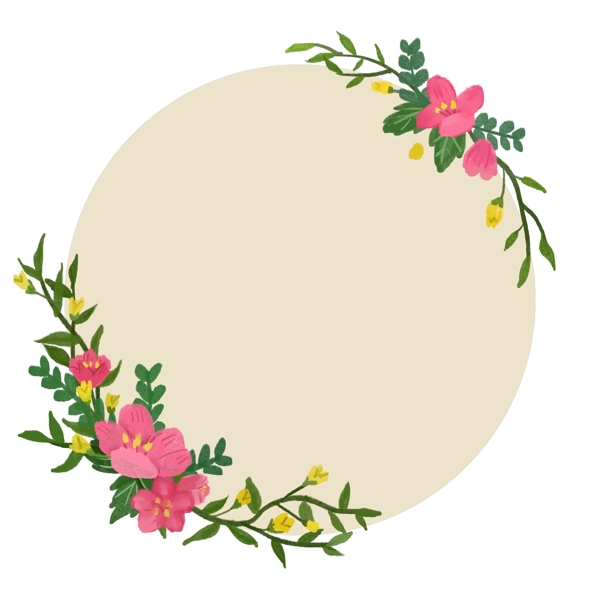 纯原创手绘清新植物花卉圆形边框装饰图案