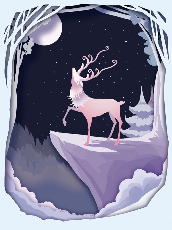 森林与鹿唯美剪纸风插画夜仰望星空