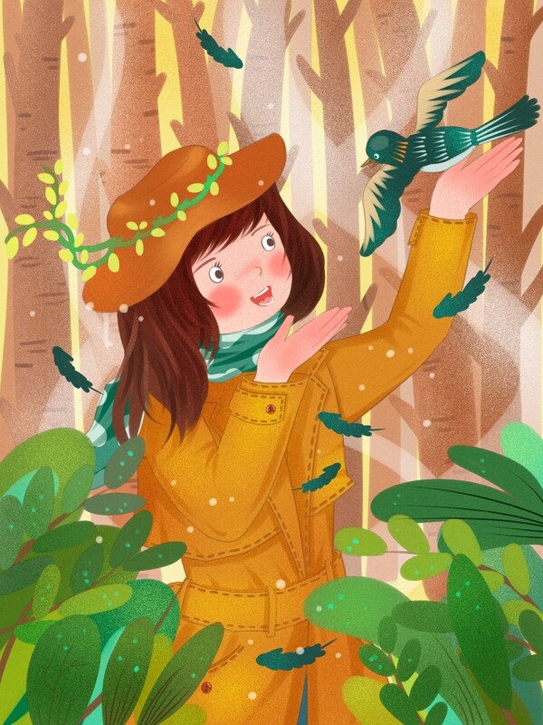 2月你好树林里和鸟儿一起玩耍的风衣女孩