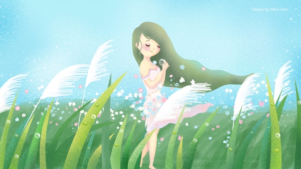 原创手绘插画二十四节气白露草地上的女孩