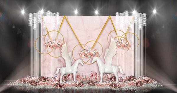 粉色飞马金线条圆环组合垂吊帷幕婚礼效果图