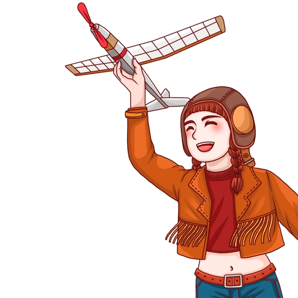 卡通彩绘拿着飞机的少女人物设计