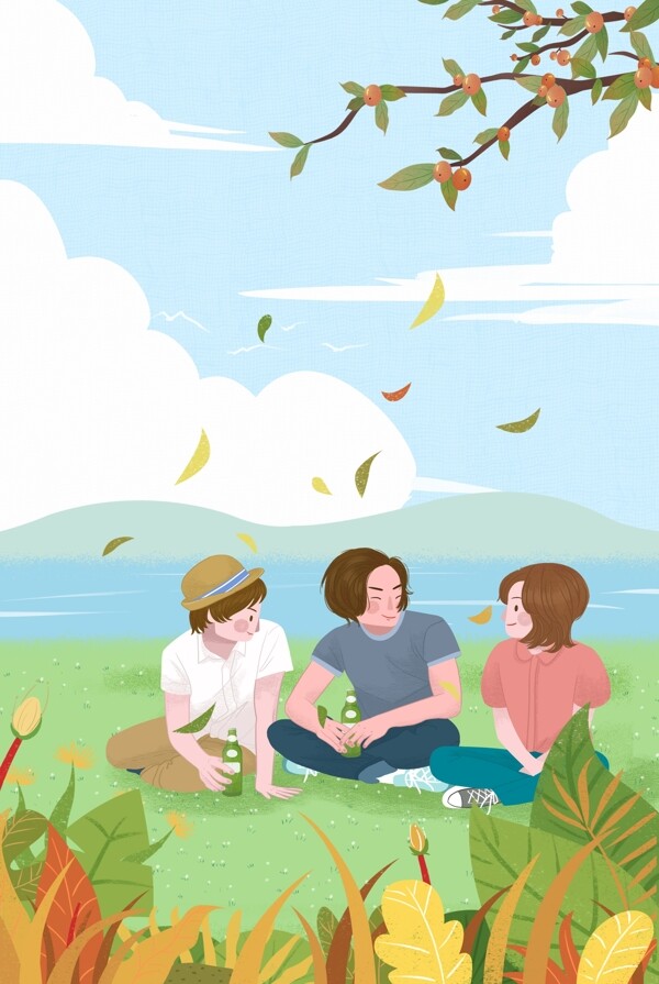 卡通清新郊游野餐朋友聚会海报背景