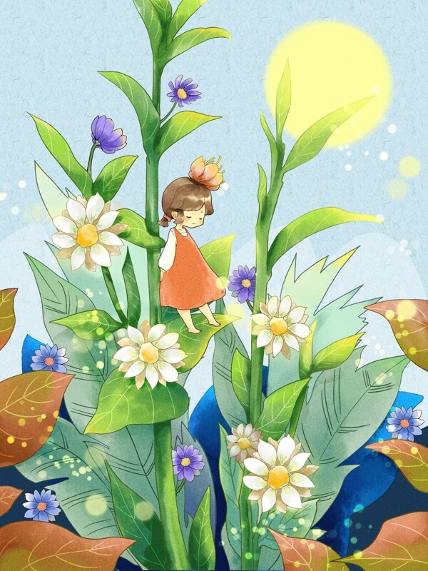 花束女孩之在花丛中的妖精少女头顶花瓣