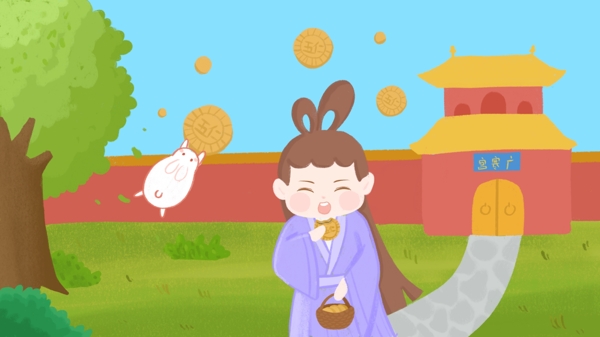 中秋节爆笑胖嫦娥玉兔吃月饼儿童插画