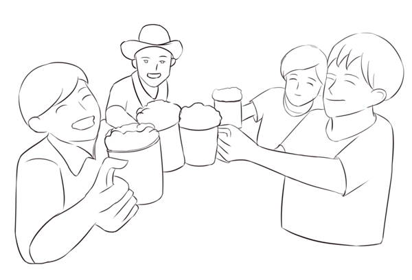 举杯喝酒三人聚餐啤酒卡通手绘