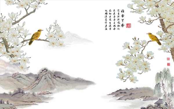 花鸟画玉兰黄鹂背景墙图片