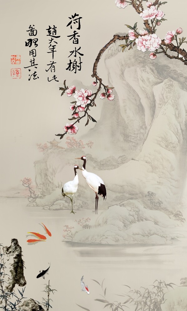 中式国画花鸟山水白鹤玄关背景