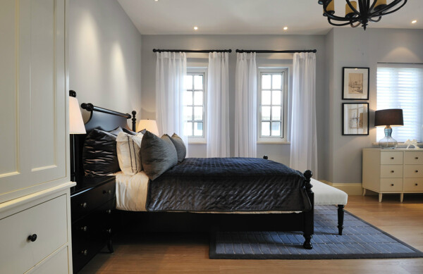 现代时尚都市卧室黑色床品室内装修效果图