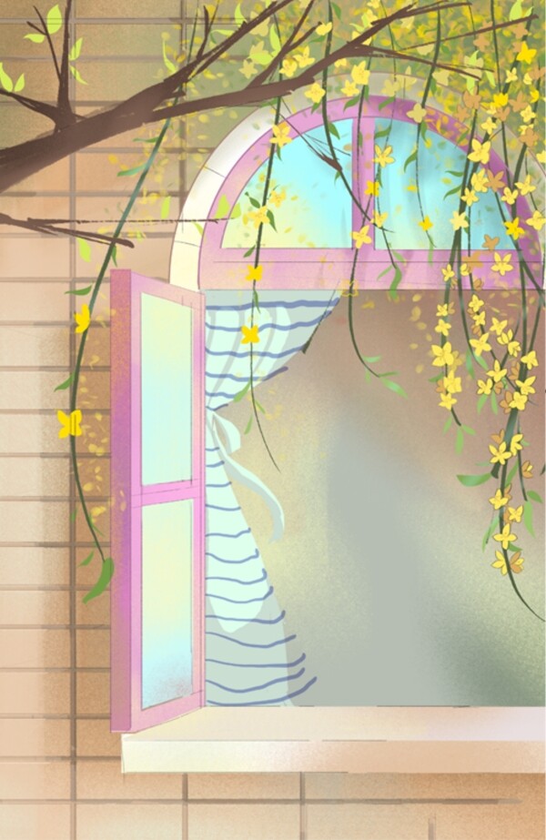 卡通少女心粉色柳叶飘落窗台插画背景