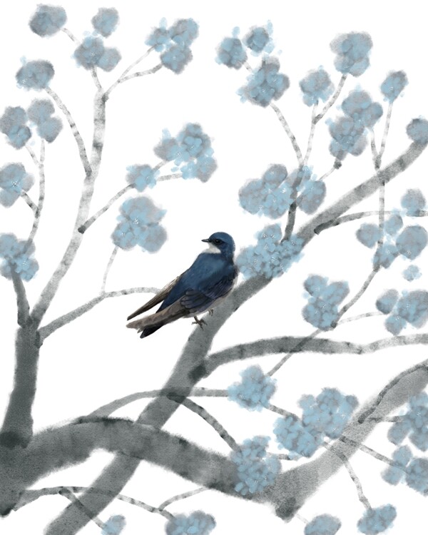 手绘大树和鸟插画