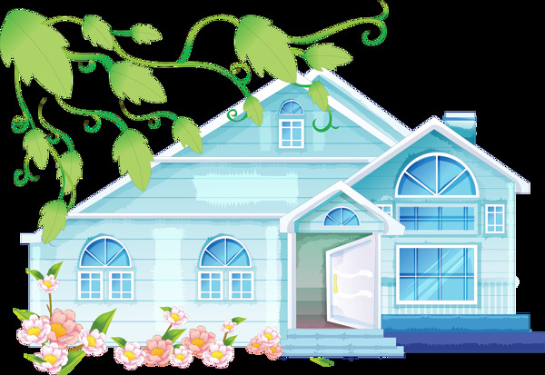 彩绘蓝色房子绿叶粉色花朵png元素