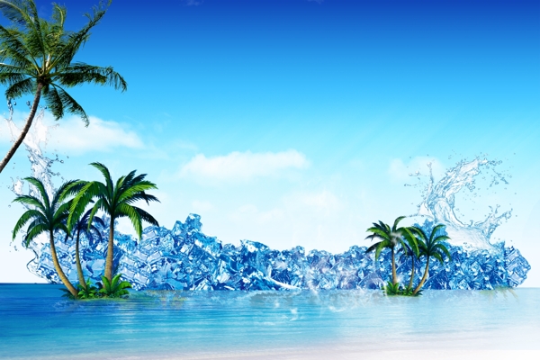 水冰块椰子树蓝anner背景