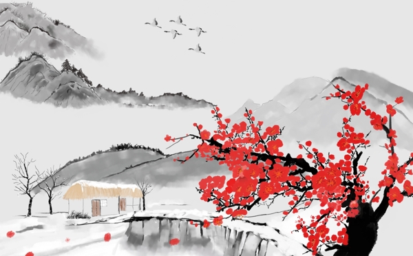 梅花盛开绽放寒冬腊月美丽花朵中国画壁纸