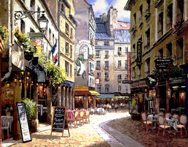 欧洲小镇街景油画图片素材