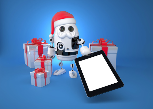 机器人圣诞显示空白的屏幕平板电脑