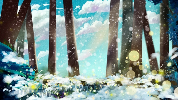 手绘冬天树林下大雪背景设计