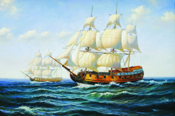 海上帆船油画图片