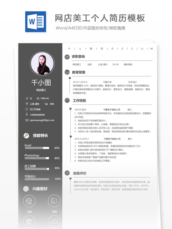 網(wǎng)店美工應(yīng)屆畢業(yè)生個人簡歷模板