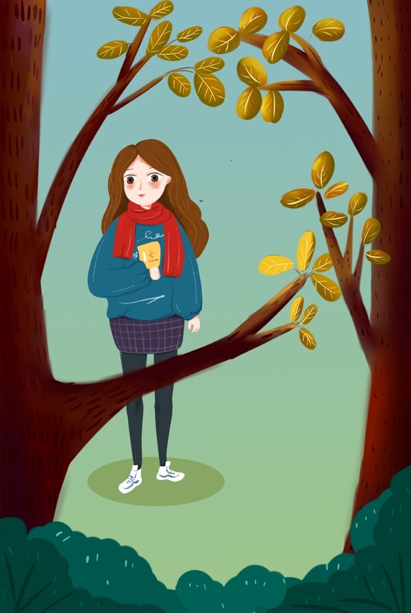 秋天的树林女孩服装上新背景海报