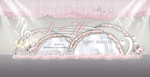 半圆粉色羽毛音符异形婚礼迎宾展示效果图