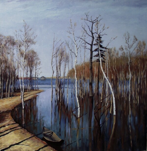 油画树木湖泊图片