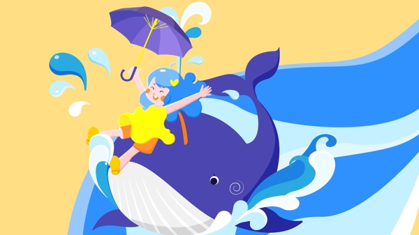 蓝色大海黄色天空举伞女孩和鲸鱼矢量插画