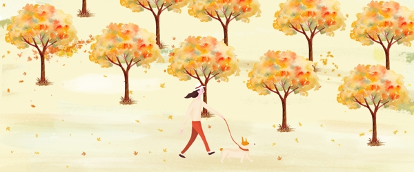秋天森林中的小女孩狗风景