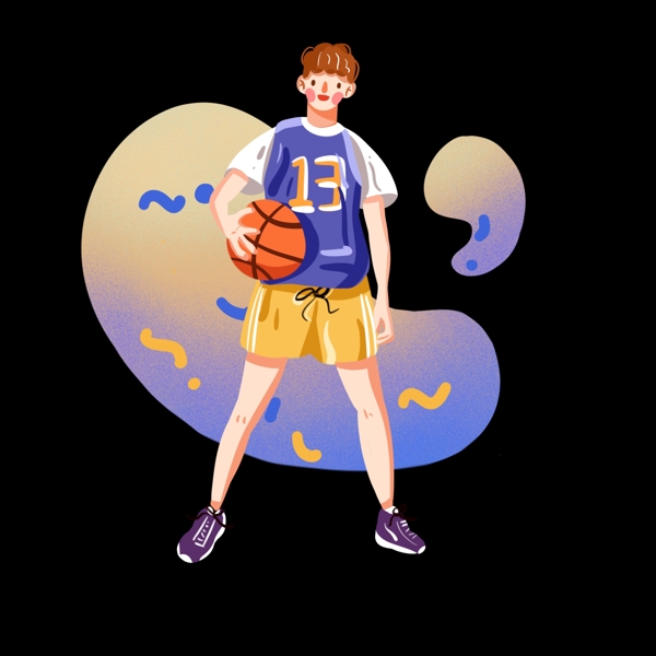 抱着篮球的男孩手绘插画png免抠素材
