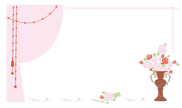 情人节女神节浪漫粉色窗帘玫瑰花束矢量边框素材