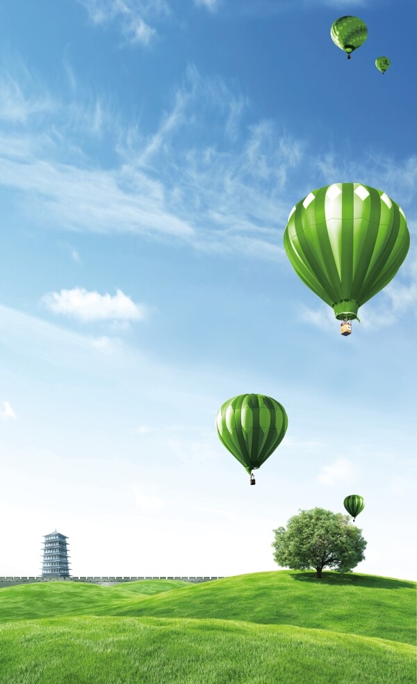 草地天空树木氢气球图片